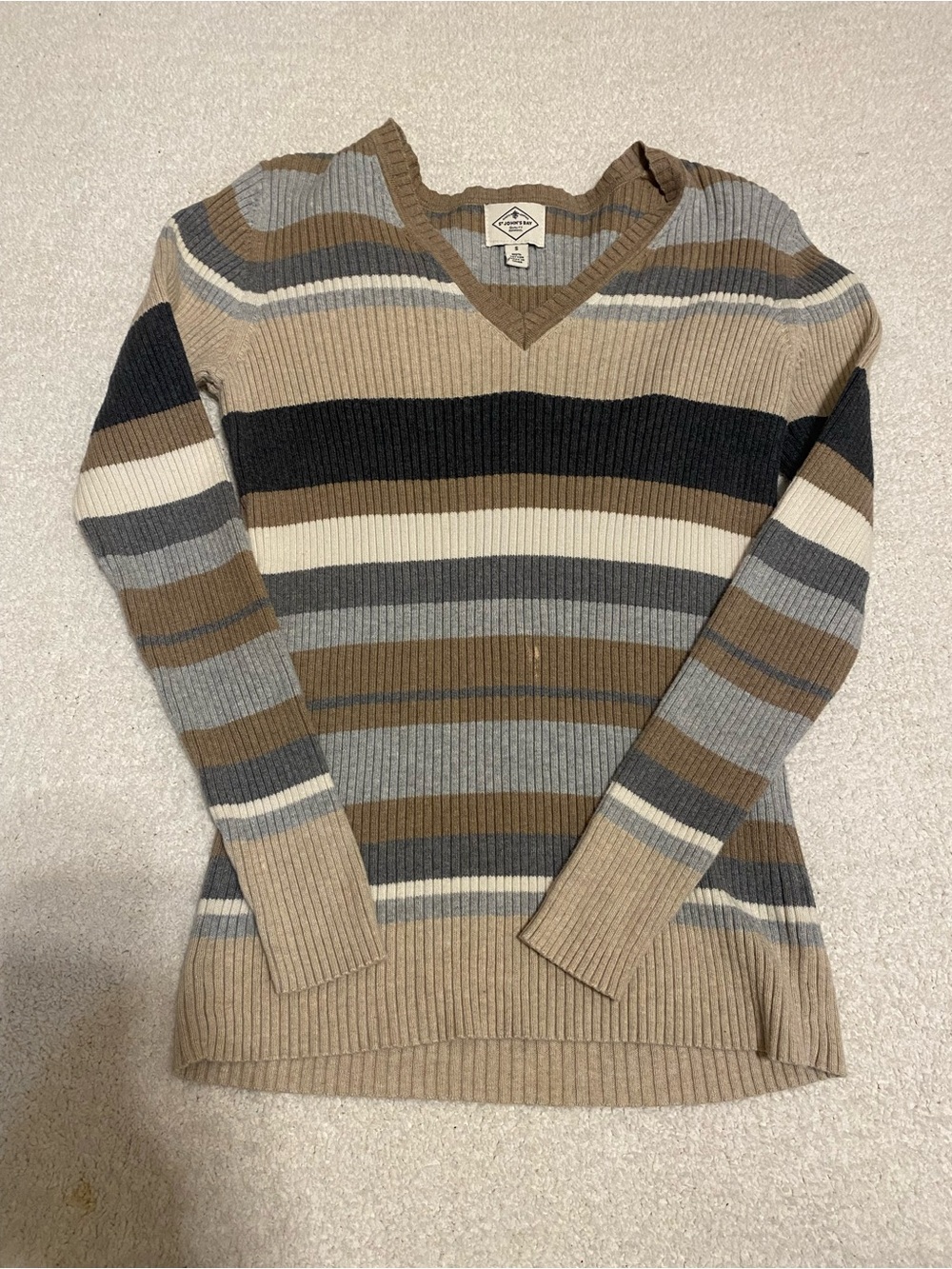 St. John's Bay Tan and Light Blue Striped V‑Neck Sweater
